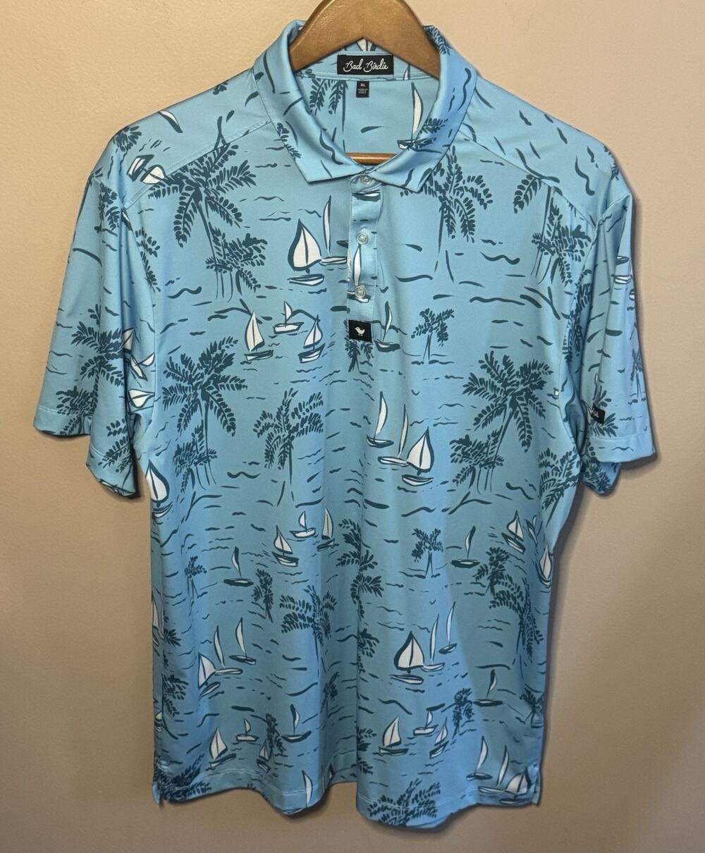 Bad Birdie Blue Golf Polo Shirt XL Palm Trees Sailboats Hawaiian